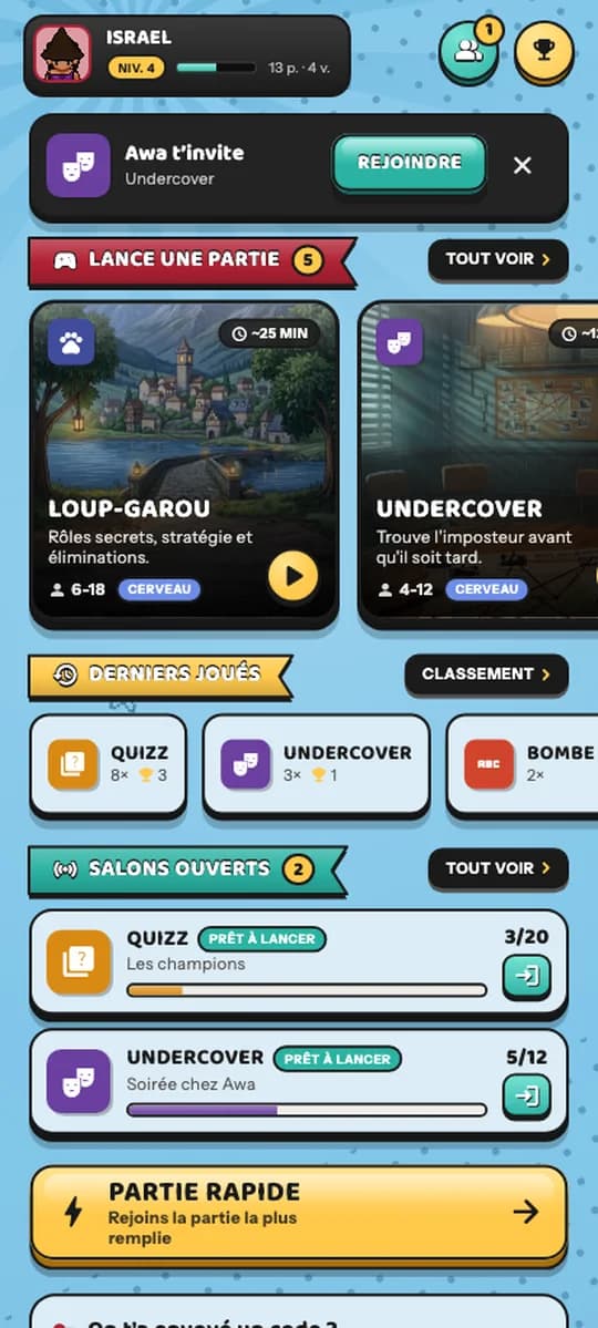 L’accueil de Dabble : les jeux, les salons ouverts, ton code ami